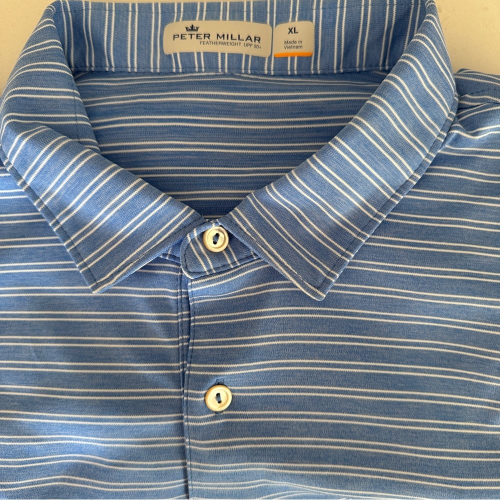 Peter Millar Featherweight 50+SPF fabric light blue stripe golf polo size XL